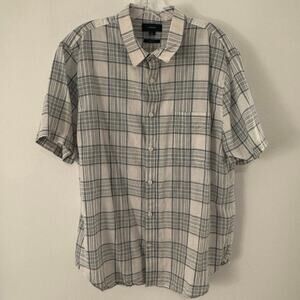 Vince Men’s Linen Cotton Plaid Shirt XL Green Short Sleeve Classic Fit Button Up